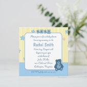 Blue Heart Teddy Bear Baby shower Invitation Kaart (Staand voorkant)