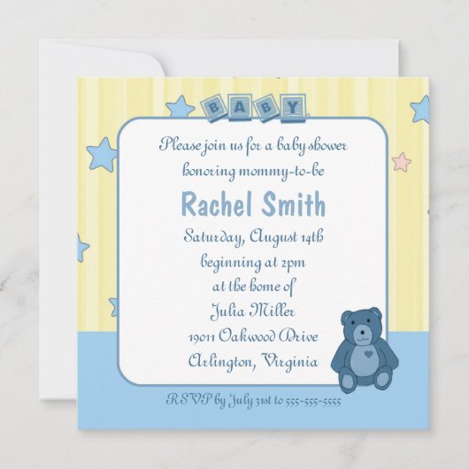 Blue Heart Teddy Bear Baby shower Invitation Kaart (Voorkant)