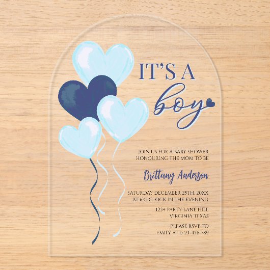Blue Heart Valentijnse Baby showers Acryl Uitnodigingen (Voorkant)