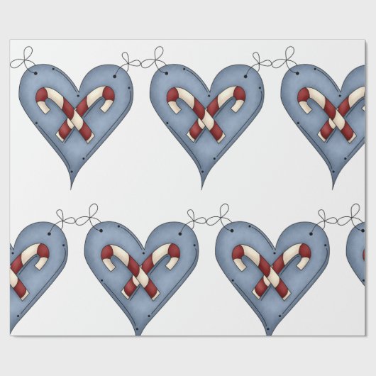 Blue Heart with Candy Canes Country Christmas Cadeaupapier (Vlak)