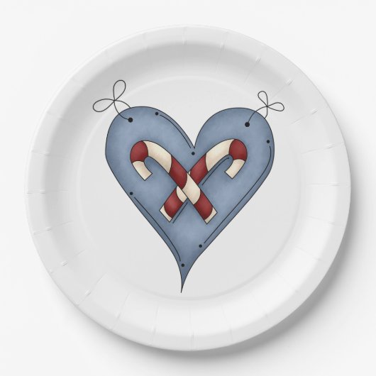 Blue Heart with Candy Canes Country Christmas Papieren Bordje (Voorkant)