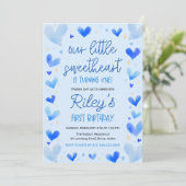 Blue Hearts 1st Birthday Onze kleine liefje Kaart (Staand voorkant)