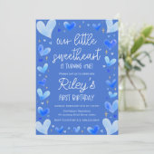 Blue Hearts 1st Birthday Onze kleine liefje Kaart (Staand voorkant)