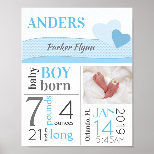 Blue Hearts Baby Boy Birth Stats Sign Aankondiging Poster (Voorkant)