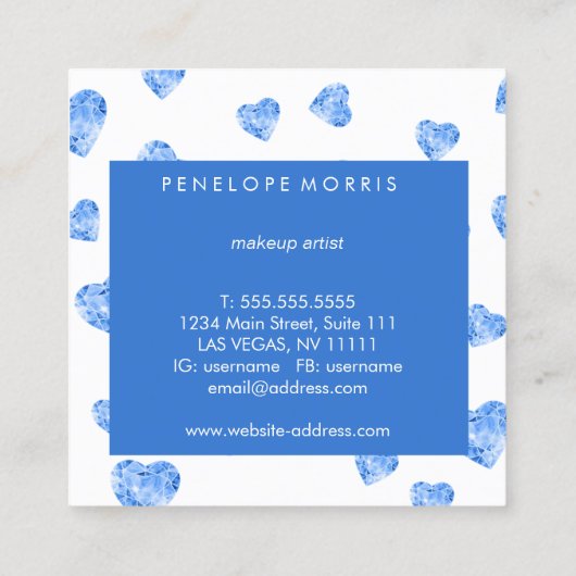 Blue Hearts Beauty Stylist Makeup Artist Vierkante Visitekaartje (Achterkant)