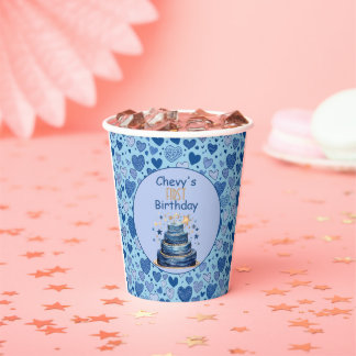 Blue Hearts Blue Birthday Cake First Birthday   Papieren Bekers