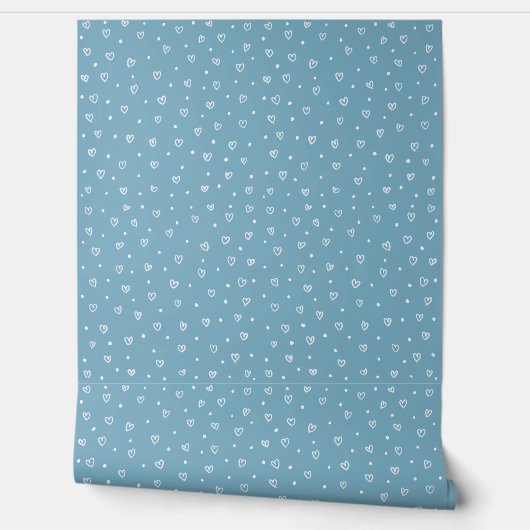 Blue Hearts & Dots Pattern – Cute Hand-Drawn Desig Behang (Afrollen)