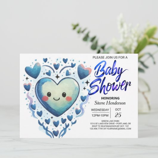 Blue Hearts Little Cutie Elegant Boy Baby shower Kaart (Staand voorkant)