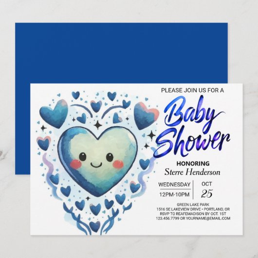 Blue Hearts Little Cutie Elegant Boy Baby shower Kaart (Voorkant / Achterkant)