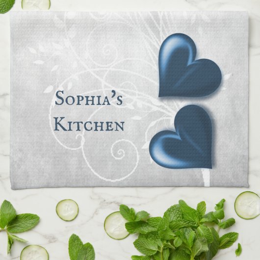 Blue Hearts Personalized Kitchen Towel Theedoek (Gevouwen)