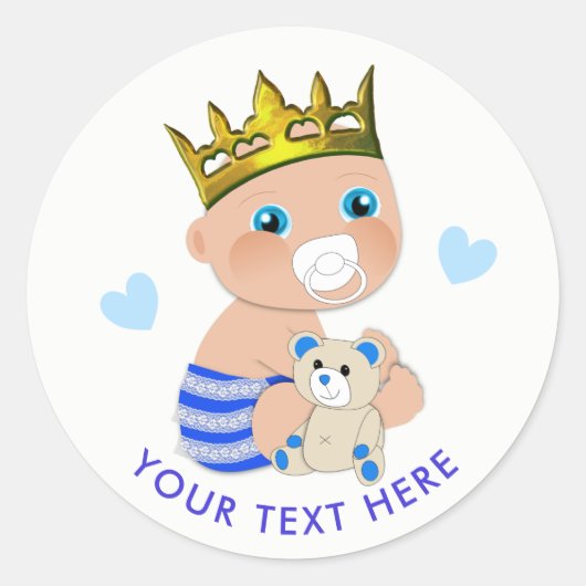 Blue Hearts Prince Baby Jongensdouche Gepersonalis Ronde Sticker (Voorkant)