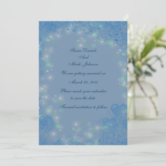Blue Hearts Sparkly Lights Bruiloft Save The Date Kaart (Staand voorkant)