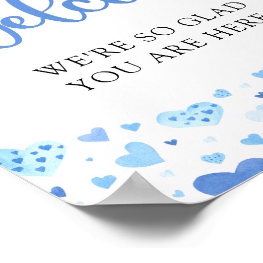 Blue Hearts Valentijn Baby shower Welkomstbord Poster (Hoek)