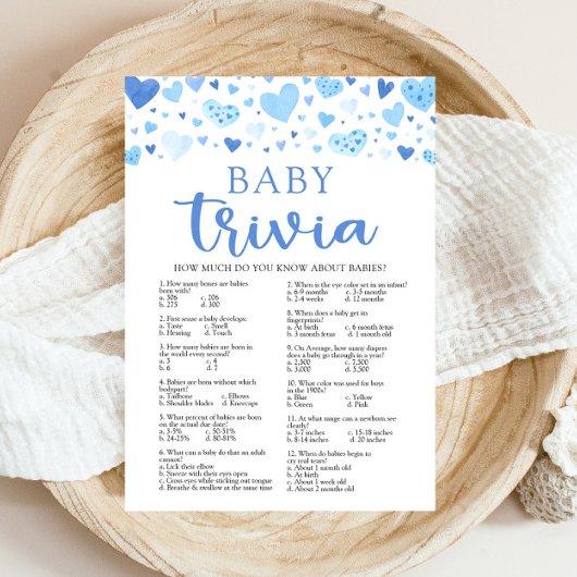 Blue Hearts Valentijn Baby Trivia Baby shower spel Kaart