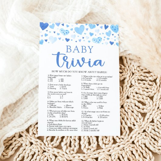 Blue Hearts Valentijn Baby Trivia Baby shower spel Kaart