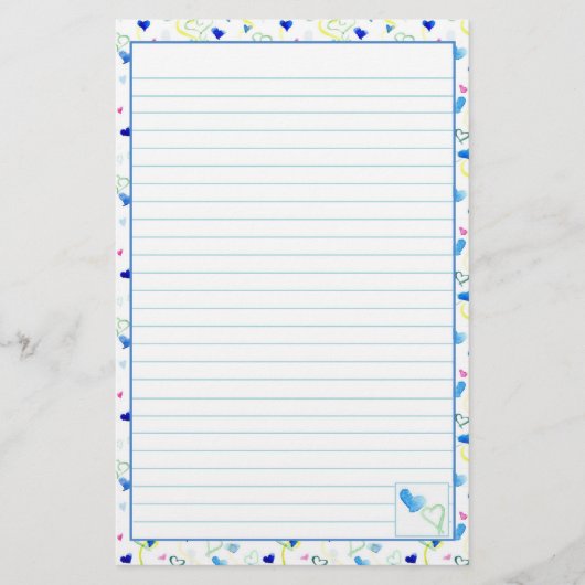 Blue Hearts Waterverf Lined Letter Schrijfpapier Briefpapier (Voorkant)