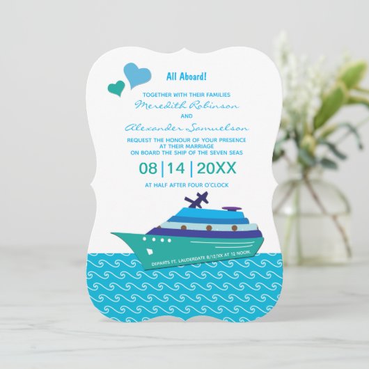 Blue Hearts Wedding Cruise Uitnodiging (Staand voorkant)