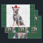 Blue Heeler Christmas Dog Green Plaid Inpakpapier Vel<br><div class="desc">Een schattige Runderhond,  Queensland of Blue Heeler is klaar voor de feestdagen met een kerstmuts. Deze schattige kersthond wordt gecombineerd met een rode en groene vakantieplaid op deze set cadeauverpakking voor het hondenliefhebber.</div>