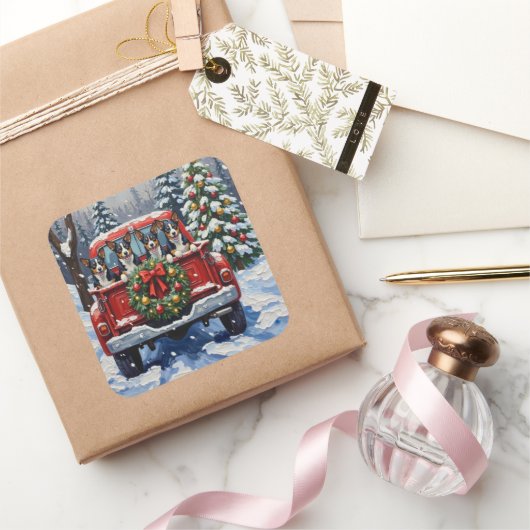 Blue Heeler Christmas Red Truck Holiday Vierkante Sticker (Geschenken)