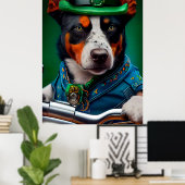 Blue Heeler Dog Driving Bike St. Patrick's Day Poster (Thuiskantoor)