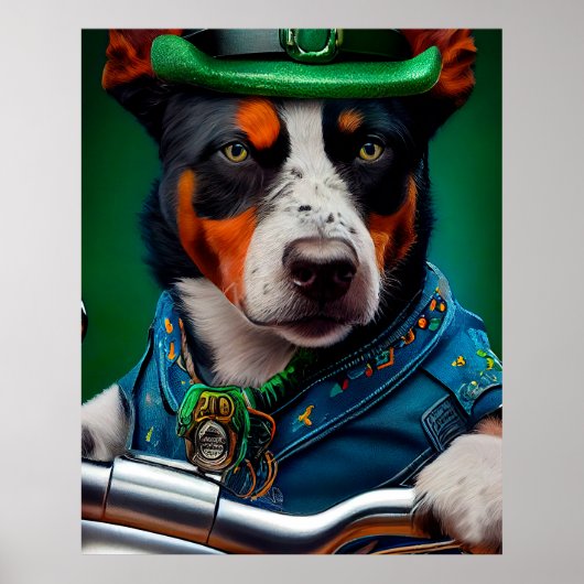 Blue Heeler Dog Driving Bike St. Patrick's Day Poster (Voorkant)