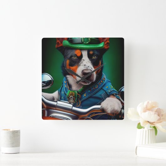 Blue Heeler Dog Driving Bike St. Patrick's Day Vierkante Klok (Huis)