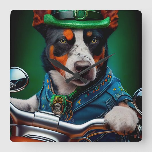 Blue Heeler Dog Driving Bike St. Patrick's Day Vierkante Klok (Voorkant)
