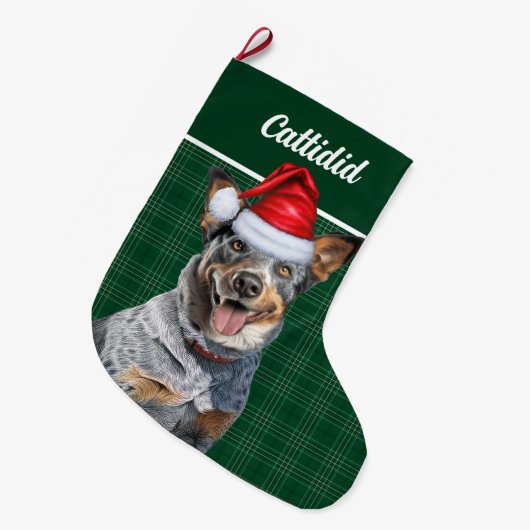 Blue Heeler Dog Green Holiday Plaid Gepersonalisee Grote Kerstsok (Voorkant (Hangend))