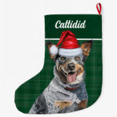Blue Heeler Dog Green Holiday Plaid Gepersonalisee Grote Kerstsok (Achterkant)