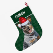 Blue Heeler Dog Green Holiday Plaid Gepersonalisee Grote Kerstsok (Achterkant (Hangend))