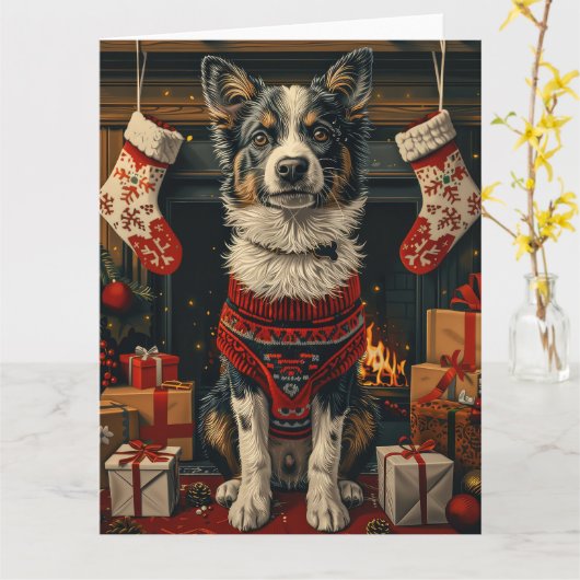 Blue Heeler Dog met kerstcadeaus open haard Kaart (Gele Bloem)