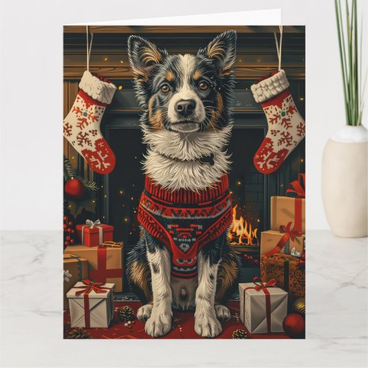 Blue Heeler Dog met kerstcadeaus open haard Kaart (Voorkant)
