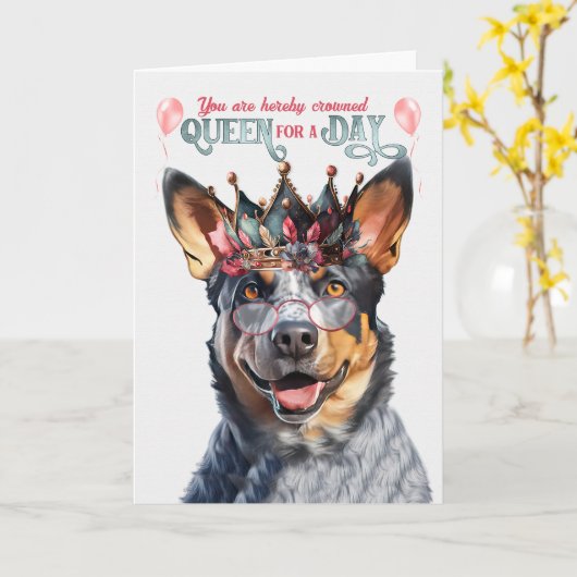 Blue Heeler Dog Queen voor een dag Funny Birthday Kaart (Gele Bloem)