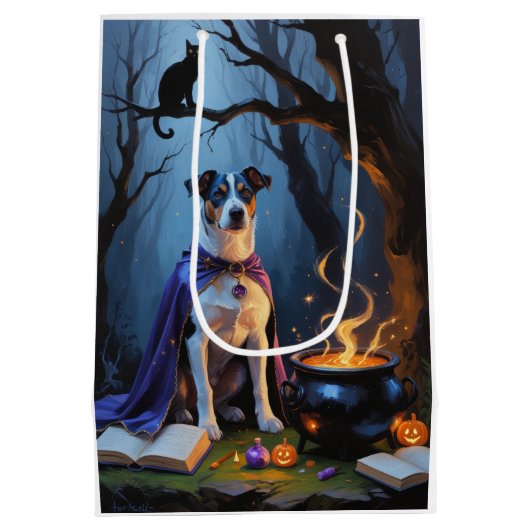 Blue Heeler Dog Whimsical Halloween Schilderij Medium Cadeauzakje (Achterkant)