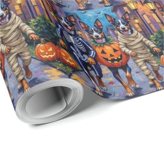 Blue Heeler Dogs Trick-or-Treating in Halloween Co Cadeaupapier (Rol Hoek)
