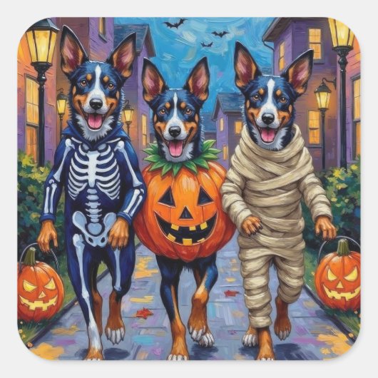 Blue Heeler Dogs Trick-or-Treating in Halloween Co Vierkante Sticker (Voorkant)