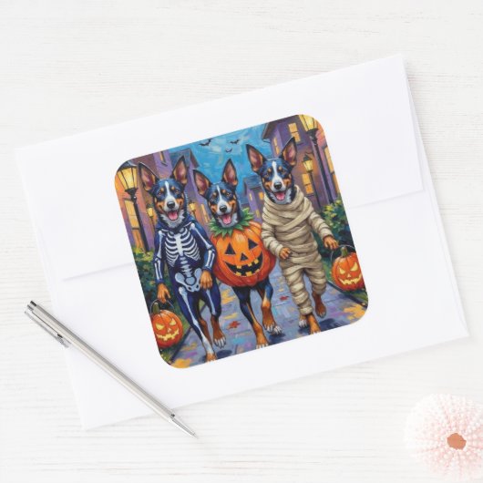 Blue Heeler Dogs Trick-or-Treating in Halloween Co Vierkante Sticker (Envelop)