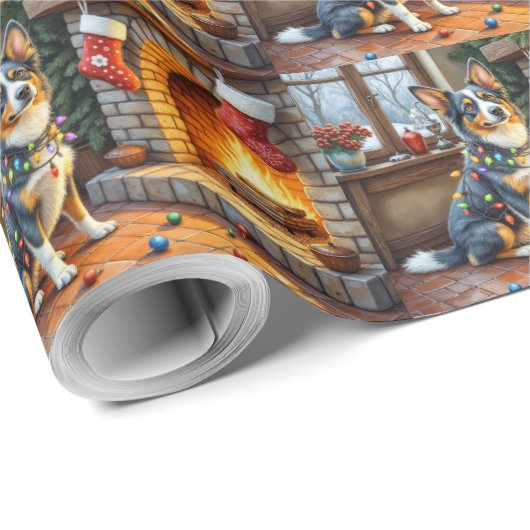 Blue Heeler Fireplace with Christmas Lights Cadeaupapier (Rol Hoek)