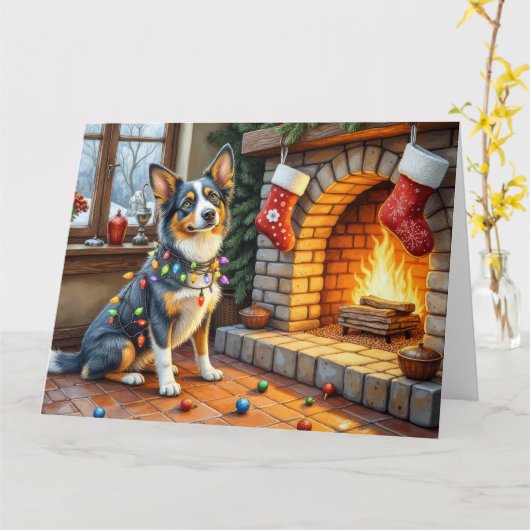Blue Heeler Fireplace with Christmas Lights Kaart (Gele Bloem)