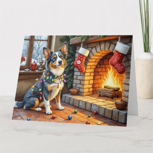 Blue Heeler Fireplace with Christmas Lights Kaart (Voorkant)