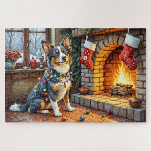 Blue Heeler Fireplace with Christmas Lights Legpuzzel (Horizontaal)