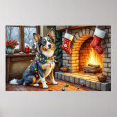 Blue Heeler Fireplace with Christmas Lights Poster (Voorkant)