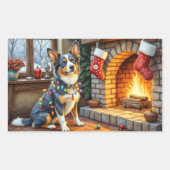 Blue Heeler Fireplace with Christmas Lights Rechthoekige Sticker (Voorkant)