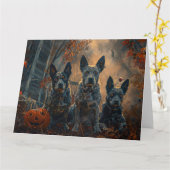 Blue Heeler Halloween Nacht Hondensnoepje Kaart (Gele Bloem)