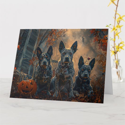 Blue Heeler Halloween Nacht Hondensnoepje Kaart (Gele Bloem)