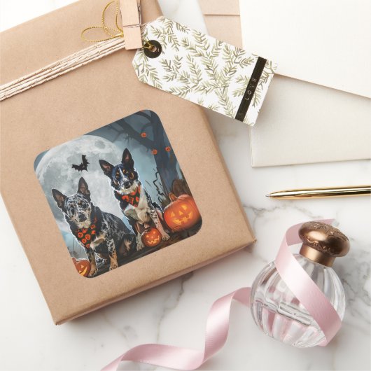 Blue Heeler Halloween Spooky Vierkante Sticker (Geschenken)