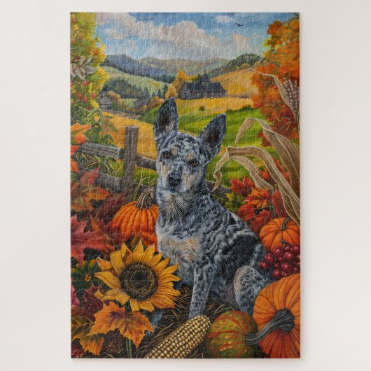 Blue Heeler Hond Herfst Oogst Thanksgiving Legpuzzel (Verticaal)