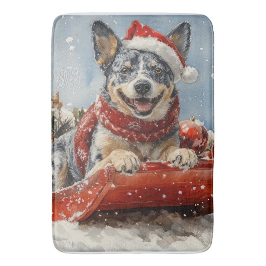 Blue Heeler Hond in Sledge Laat het Sneeuw Kerstmi Badmat (Voorkant Verticaal)