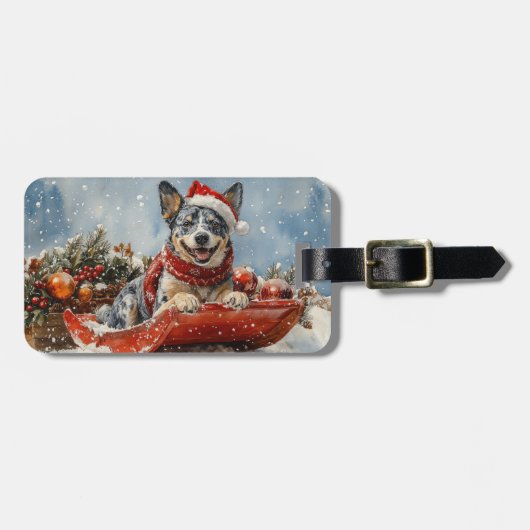 Blue Heeler Hond in Sledge Laat het Sneeuw Kerstmi Bagagelabel (Voorkant horizontaal)