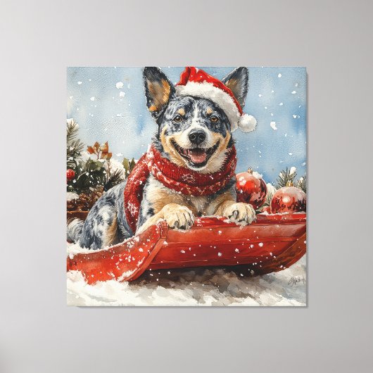 Blue Heeler Hond in Sledge Laat het Sneeuw Kerstmi Canvas Afdruk (Voorkant)